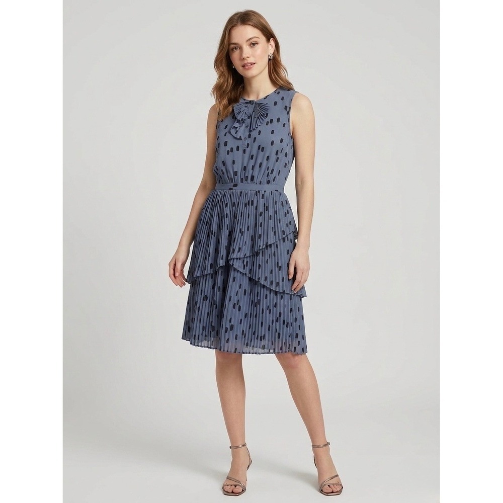 Banana Republic Pleated Tiered Dress Blue Black Dot Ruffle Neck Chiffon Petite 0